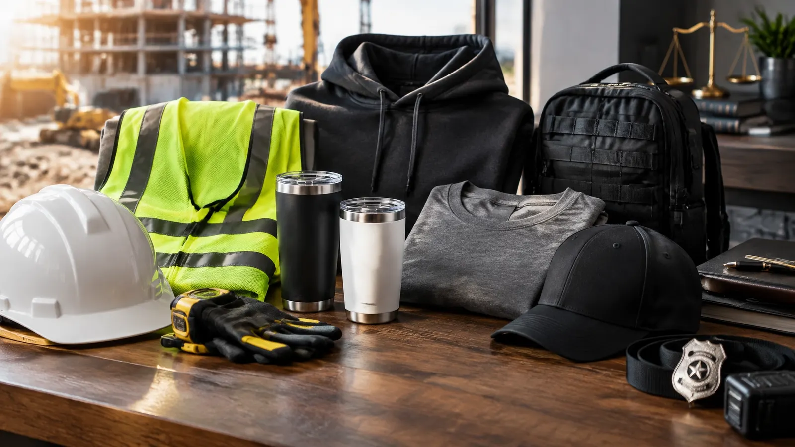 Custom workwear, hoodies, tumblers, and safety gear arranged on a workbench